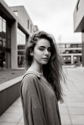 Young woman poses confidently outdoors in urban setting