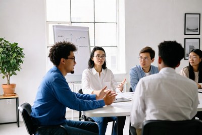 Team brainstorming session in modern office space
