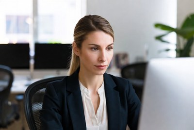 Focused businesswoman working at desk in modern office