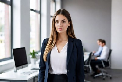 Confident woman in business attire at modern office