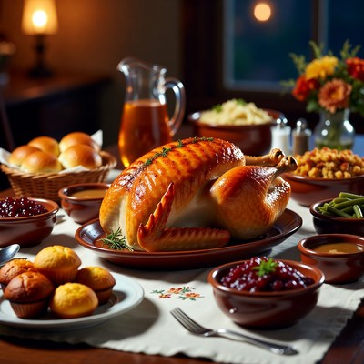 Thanksgiving feast with roasted turkey and side dishes