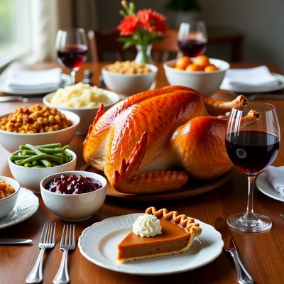 Thanksgiving feast with turkey and dessert served on table