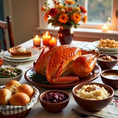 Thanksgiving feast with turkey and side dishes on table