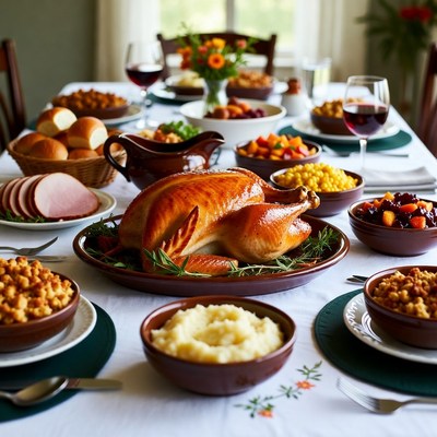 Thanksgiving feast with turkey and side dishes on table