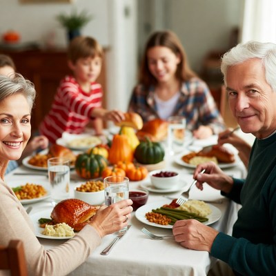 Family gathering enjoys a festive dinner together