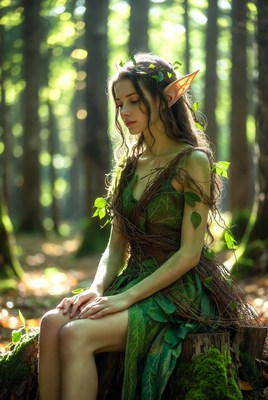 Enchanted elf sitting in a mystical forest during daytime