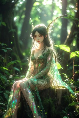 Enchanted forest fairy sitting on a tree stump