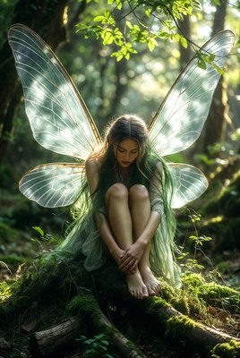 Ethereal fairy resting in a lush forest setting