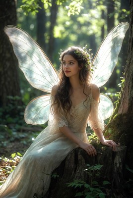 Enchanted fairy resting by a tree in a magical forest