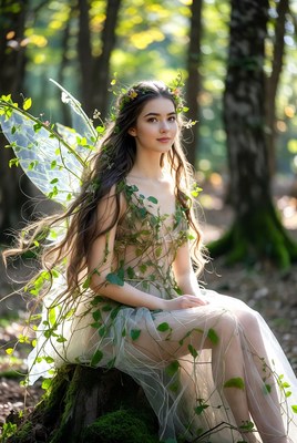 Enchanted fairy resting in a sunlit forest setting