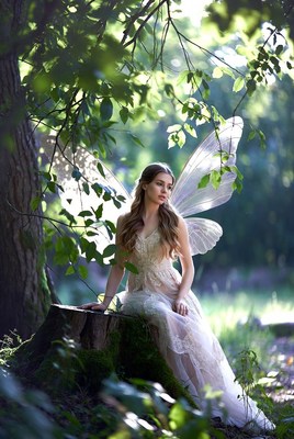 Fairy sitting gracefully on a tree stump in a forest
