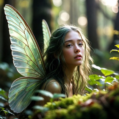 Enchanted forest scene with a fairy girl in nature
