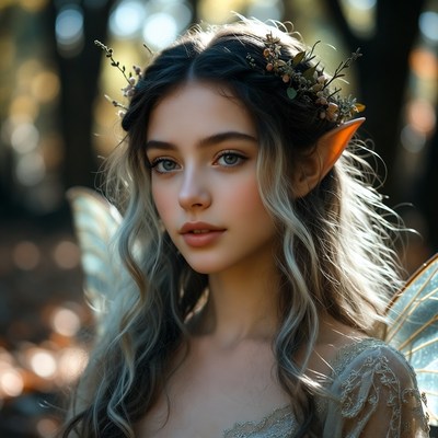 Mystical fairy in a forest during golden hour