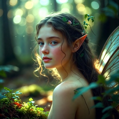 Enchanted forest scene with a magical fairy girl