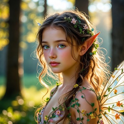 Enchanting fairy in a sunlit forest setting