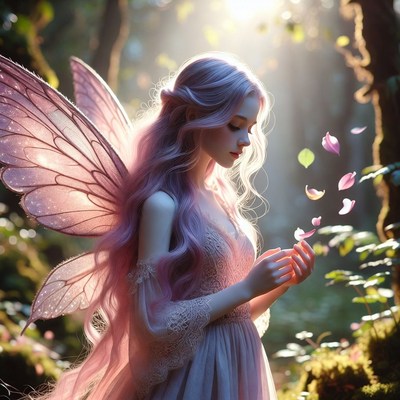 Fairy with delicate wings in a magical forest scene