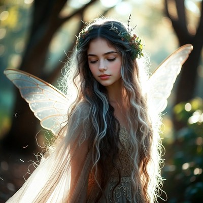 Fairy girl in an enchanted forest during golden hour