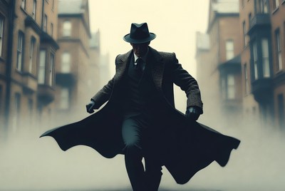 Mysterious figure walking through foggy city street