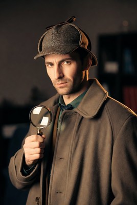 Man dressed as detective holds magnifying glass indoors