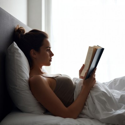 Reading a book in bed during a quiet morning