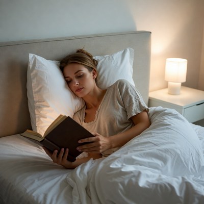 Reading a book in bed during a calm evening night