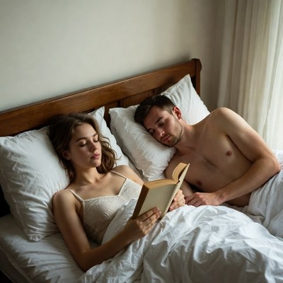Couple relaxing in bed while one reads a book