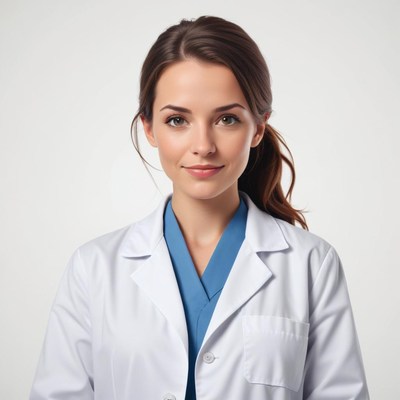 Young doctor wearing white coat and blue scrubs
