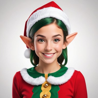 Happy holiday elf with bright green hair and festive outfit
