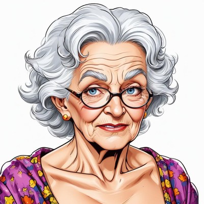 Elderly woman with gray hair and glasses in floral dress