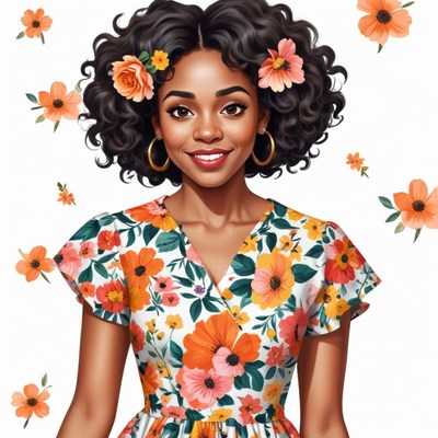 Bright and cheerful woman in floral dress with flowers