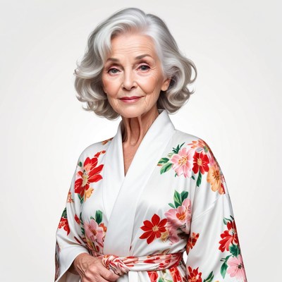 Elderly woman in floral kimono poses in studio