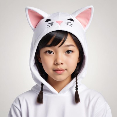 Cute child wearing a cat hoodie in playful pose