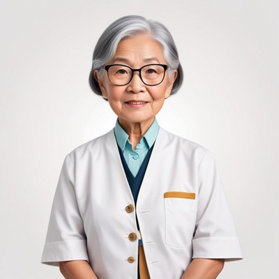 Skilled elderly woman wearing glasses in a neutral setting