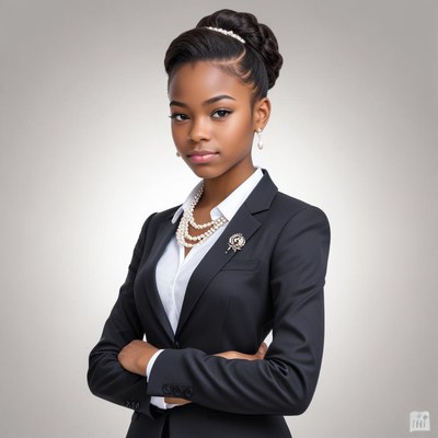 Young girl in elegant suit exuding confidence