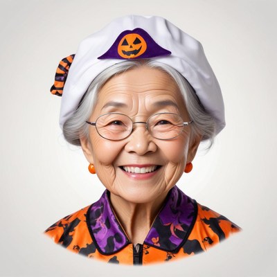 Smiling grandmother in halloween costume with pumpkin hat