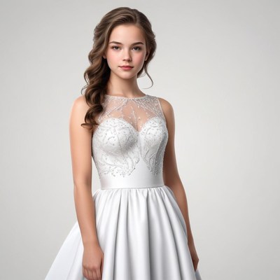 Elegant young girl in a white dress with intricate details