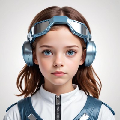 Young girl wearing futuristic headphones and goggles