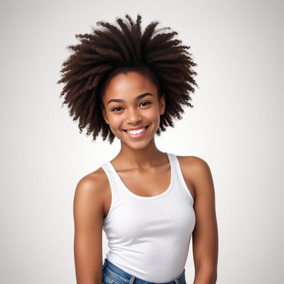 Young girl with curly hair smiles brightly in studio setting