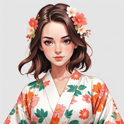 Young woman dressed in floral kimono with flowers in hair