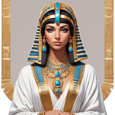 Ancient queen in regal attire with blue and gold jewelry