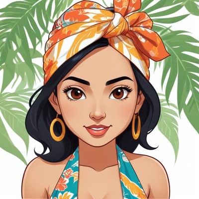 Bright character with floral headband and tropical vibe