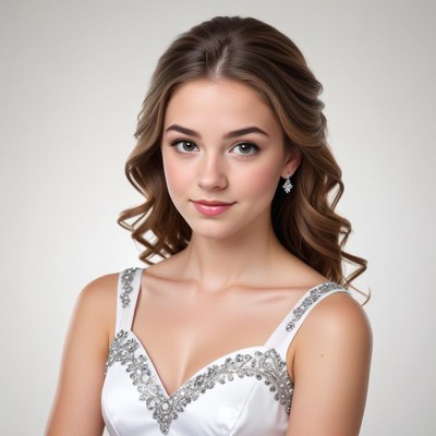 Young woman in elegant dress with soft curls and makeup