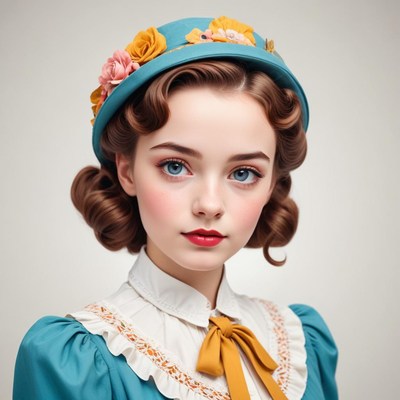 Vintage portrait of a girl in floral hat smiling gently