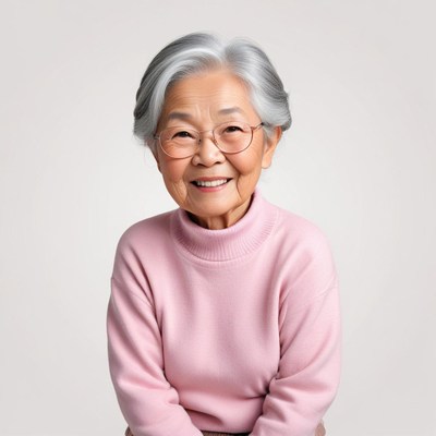 Elderly woman smiling warmly in cozy sweater setting