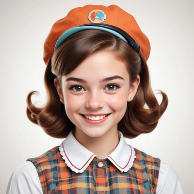 Cheerful girl in orange hat with stylish haircut