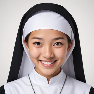 Young woman in nun costume, smiling