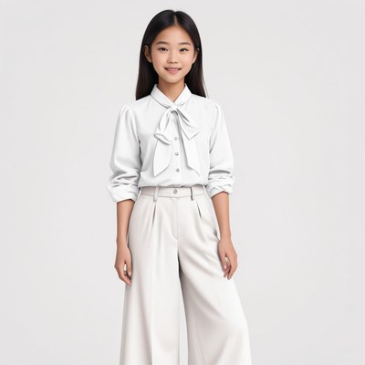 Girl in trendy outfit posing on plain backdrop