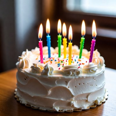 Celebration cake with colorful candles and sprinkles