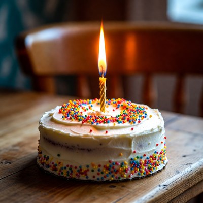 Delicious birthday cake with colorful sprinkles and candle