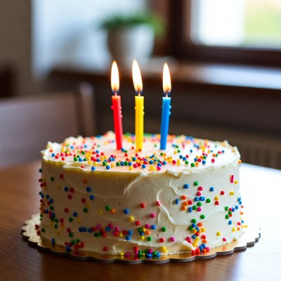 Colorful birthday cake with candles on a wooden table